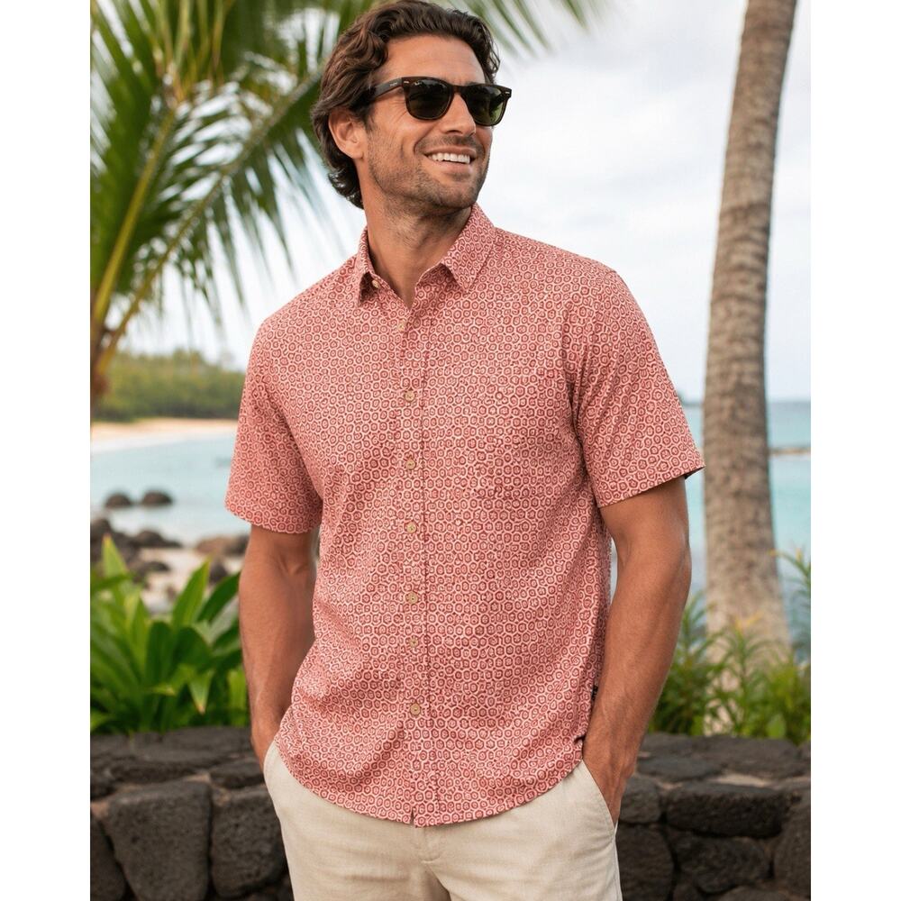Reyn Spooner Aloha Shirt Mens XL Red Geometric Honeycomb Hawaiian Cotton Kloth